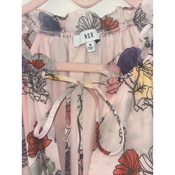 NSR Pink Floral‎ 70s Ruched V Neck Peasant Sleeve Midi Cottagecore Dress Sz Med - Picture 5 of 6